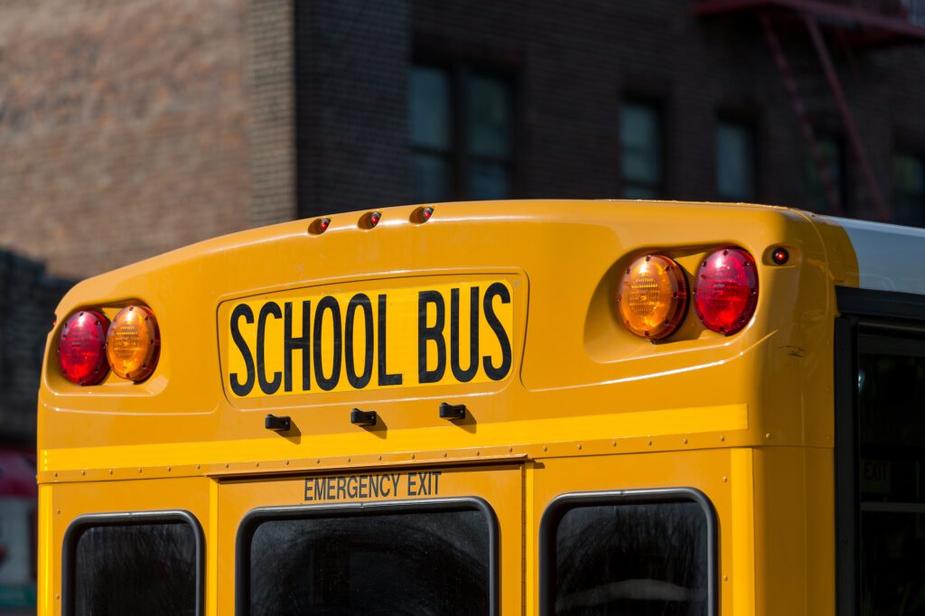 Yellow school bus in New York City, closeup